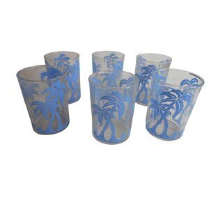 Lot of 6 Vintage Hazel Atlas Blue Palm Tree 3.5"  Glasses Swanky Swigs